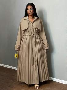 Slaydiva Damen Große Größen Eleganter Pendler-Trenchcoat mit plissierter Patchwork-Optik und langen Ärmeln, Herbst/Winter - Khaki - Übersicht 6
