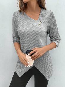 SHEIN LUNE Women Crew Neck Long Sleeve Casual Asymmetrical Hem Design Pullover Shirt, Autumn/Winter Fall Cloth For Women - Grey - View 7
