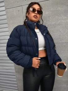 SHEIN EZwear Plus Size Women Solid Color Casual Short Padded Coat, Warm Winter Version - Navy Blue - View 3