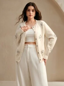 Anewsta Heavily Hand-Embroidered Diamond Decor Plus Size Open-Front Knitted Cardigan