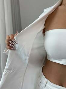 Elenzga Women's Solid Color Lapel Collar Long Sleeve Big Floral Elegant Cinched Waist Blazer - White - View 7