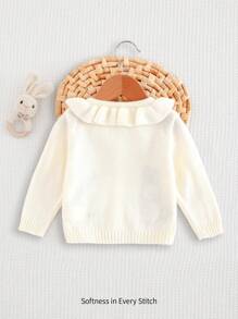 Cozy Pixies Baby Girl Cute Rabbit Applique Crochet Flower Pattern Ruffle Collar Casual Cardigan Sweater, Creamy White - White - View 2