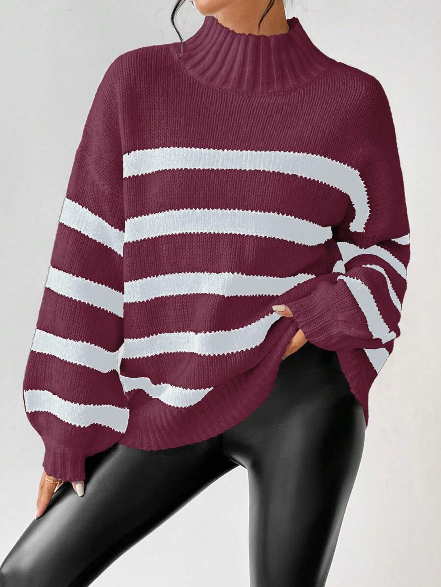 SHEIN Unity Casual Colorblock Striped Dropped Shoulder Knitted Sweater, Autumn/Winter For New Year Fall - Red - View 1