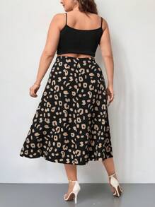 SHEIN Privé Plus Leopard Print Split Thigh Skirt - Black - View 2