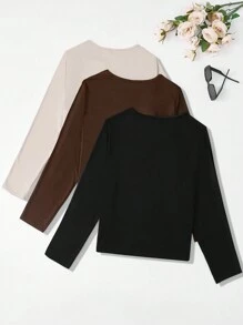 Flirla 3pcs Plus Size Women Solid Color Ribbed Knit Casual T-Shirts, Fall Top - Multicolor - View 2