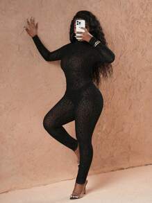 Slaydiva 优雅、性感、派对装：女式黑色立领长袖连体裤，透明豹纹植绒面料，及踝长，适合秋季 - 黑色 - 查看 3