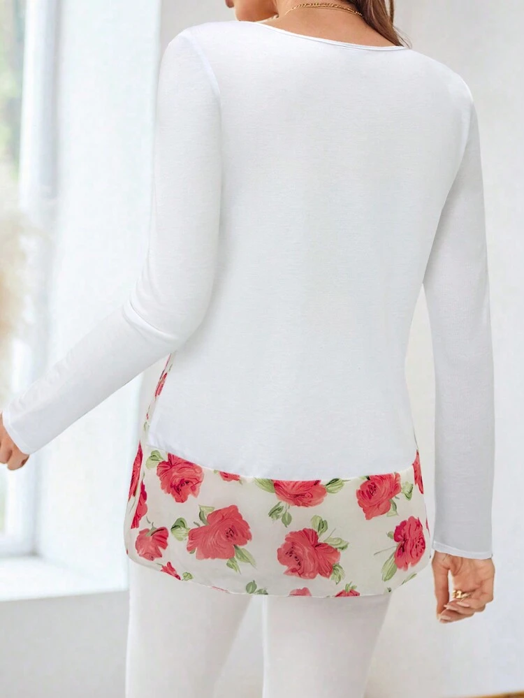 T-shirt casual da donna a maniche lunghe, con collo rotondo, orlo in rete a contrasto e motivo floreale, per l'autunno