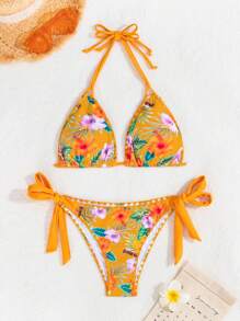 SHEIN Swim 女士花卉印花吊带侧系带性感比基尼套装，适合度假和海滩，适合夏季度假 - 彩色 - 查看 3