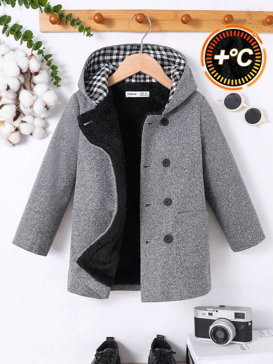 SHEIN Young Boy Loose-Fit Hooded Double-Breasted Jacket,In Fall/Winter