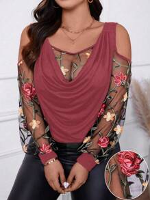 SHEIN Clasi 大码女式休闲插肩袖撞色网眼褶裥衬衫，灯笼袖镂空肩套头衫，情人节