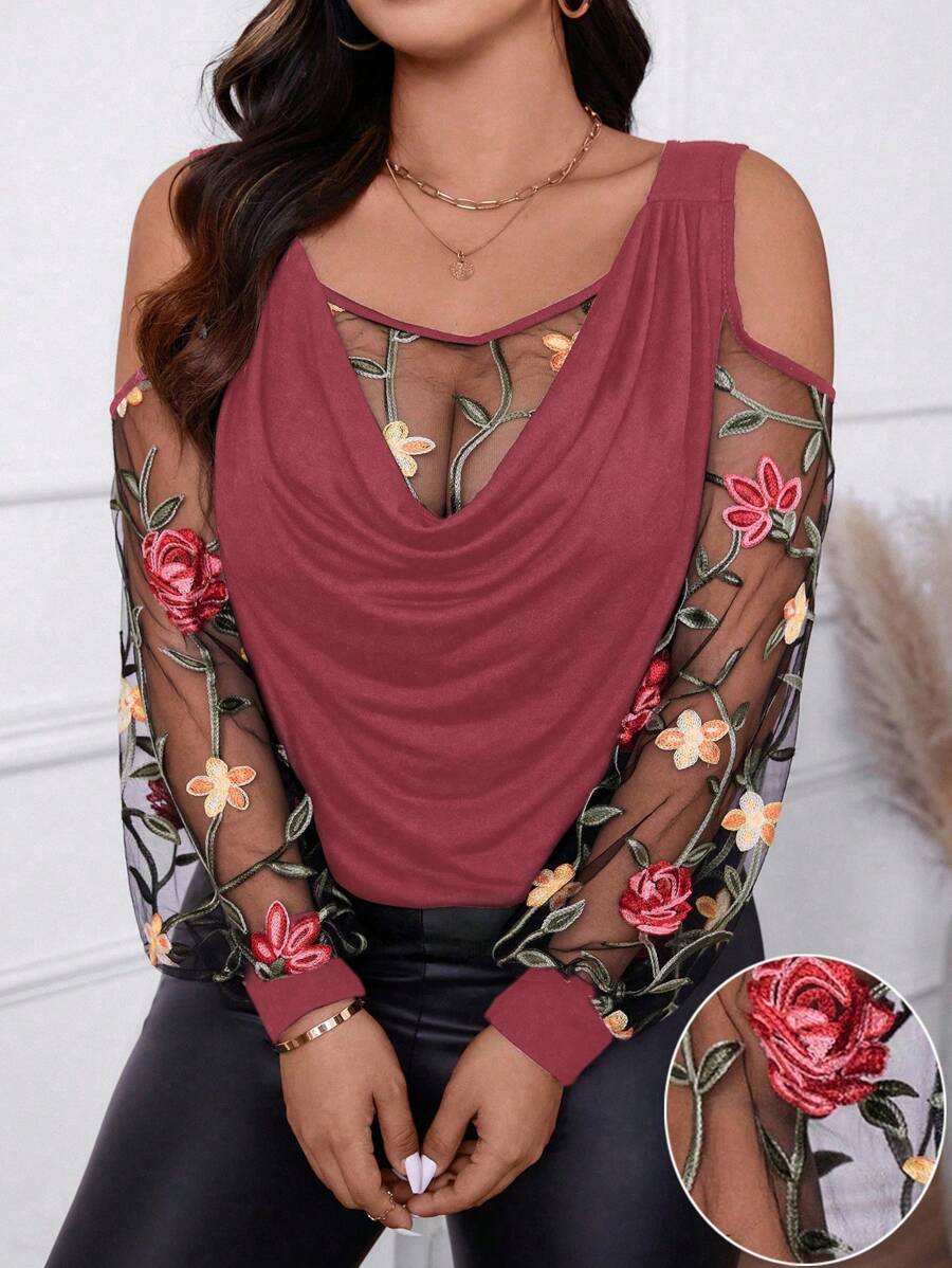 SHEIN Clasi 大码女式休闲插肩袖撞色网眼褶裥衬衫，灯笼袖镂空肩套头衫，情人节