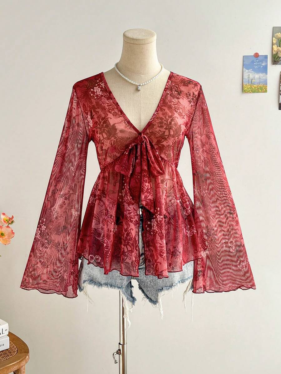 Soleia Áo cổ chữ V in họa tiết cổ điển, thắt nơ phía trước, tay loe, viền bất đối xứng, quần áo nữ mùa thu và mùa đông, áo dài tay cho lễ Tạ ơn, quần áo nữ Giáng sinh - Đỏ - Xem 1