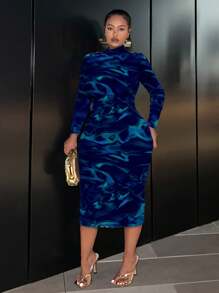 Slaydiva Casual Minimalist Plus Size Wavy Pattern Round Neck Fitted Long Dress With Long Sleeves Autumn And Winter Chic Dress