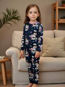 Young Girl Snug-Fit Unicorn Glow-In-The-Dark Print Pajama Set, Navy Blue, Long Sleeve Shirt & Trousers - Navy Blue - View 4