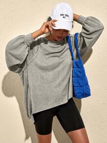 VARSITIE 宽松休闲拼布圆领长袖女式运动卫衣 - 淺灰色 - 查看 4