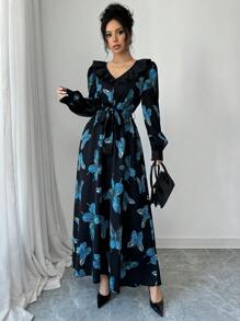 Chiquease Vestido midi con cuello en V, cintura ceñida, volantes en el bajo y estampado de mariposas - Elegante y vintage. Vestido maxi favorecedor para mujer, ropa de otoño