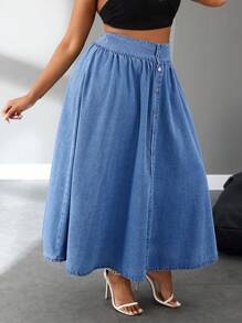 SHEIN SXY Plus Size Plain Front Button Up Casual Versatile Long Denim A-Line Skirt