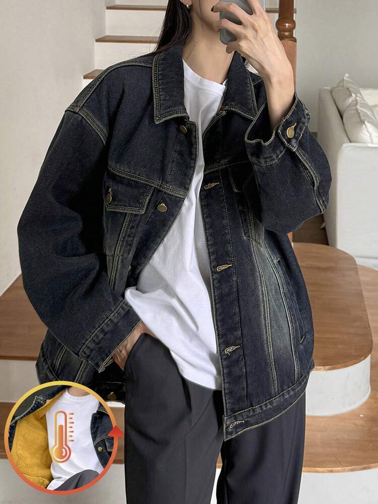 Women Plush Patchwork Thickened Denim Jacket,Fall Women Clothes