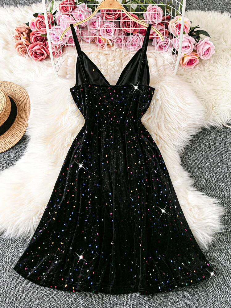 Celure 大码女式优雅派对亮片天鹅绒纯色吊带迷你连衣裙，情人节 - 黑色 - 查看 2
