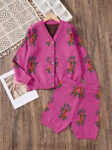 Tween Girl Casual Floral Print Loose 2 Pieces Set Consisting Of Cardigan And Shorts, Comfortable & Stylish - Hot Pink - View 5