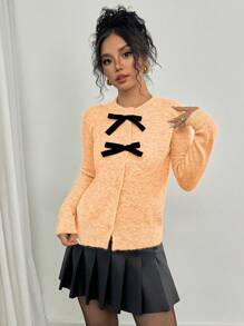 Elenzga Áo khoác cardigan dài tay phía trước có nơ trang trí thường ngày cho nữ, dáng rộng, mùa thu và đông - trái cam - Xem 6