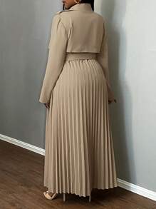 Slaydiva Damen Große Größen Eleganter Pendler-Trenchcoat mit plissierter Patchwork-Optik und langen Ärmeln, Herbst/Winter - Khaki - Übersicht 3