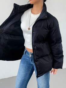 Aloruh Áo khoác chần bông rộng màu đen trơn cho nữ, Thu/Đông - màu đen - Xem 8