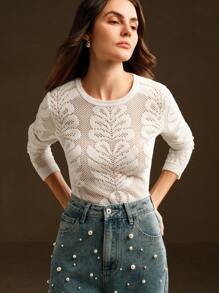 Anewsta Elegant Lace Mesh Floral Hollow See-Through Textured Round Neck Women Knit T-Shirt Undershirt