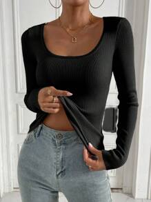 Chiquease 女士休闲纯色罗纹针织修身圆领套头毛衣 - 黑色 - 查看 6