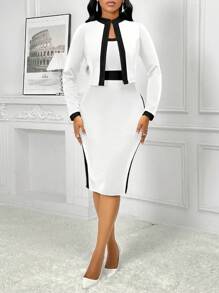 SHEIN Lady Áo kiểu nữ tay dài cổ tròn dệt kim thanh lịch, giản dị, thu đông, trang phục hai mảnh cho nữ - trắng - Xem 5
