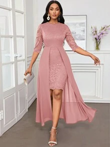 SHEIN Lady 秋冬圣诞派对礼服优雅蓝色蕾丝圆领不对称飘逸 - 粉色 - 查看 4