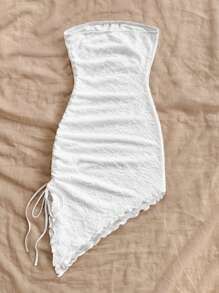 Soleia Women's Vacation White Textured Strapless Bodycon Dress With Ruffle Hem, Adjustable Side Drawstring Gather Dress - White - View 2