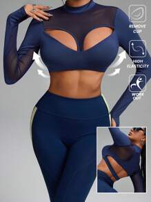 Innovista Women Blue Skinny Fit Backless Push Up & Breathable Mesh Cut Out Sports Long Sleeve T-Shirt,Basic T Shirt ,Workout Tops Crop Tops ,Party,Gym & Daily Casual,Festival,Going Out,Gym Clothes,Sexy Long Sleeve Top Fall Outfits For Women Cool Light Blue - Black - View 3