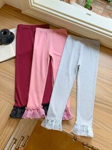 Blossori Young Girls 3pcs Set: Ruffle Hem Knitted High Waist Leggings, Elegant French Style For Autumn/Winter - Multicolor - View 2