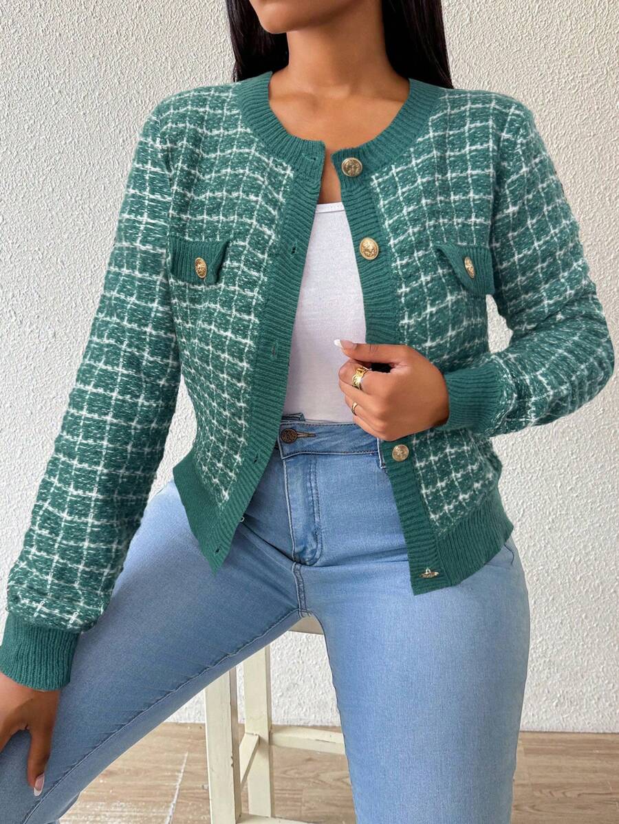 SHEIN Lady 秋冬开衫毛衣女装秋季女装秋季女装秋装简约工作办公室优雅办公装女教师服毛衣圆领拼色金属纽扣女士开衫 - 綠色 - 查看 1