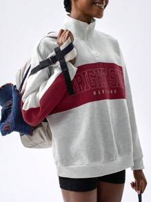 VARSITIE 撞色宽松印花休闲时尚女式运动卫衣 - 白色 - 查看 1