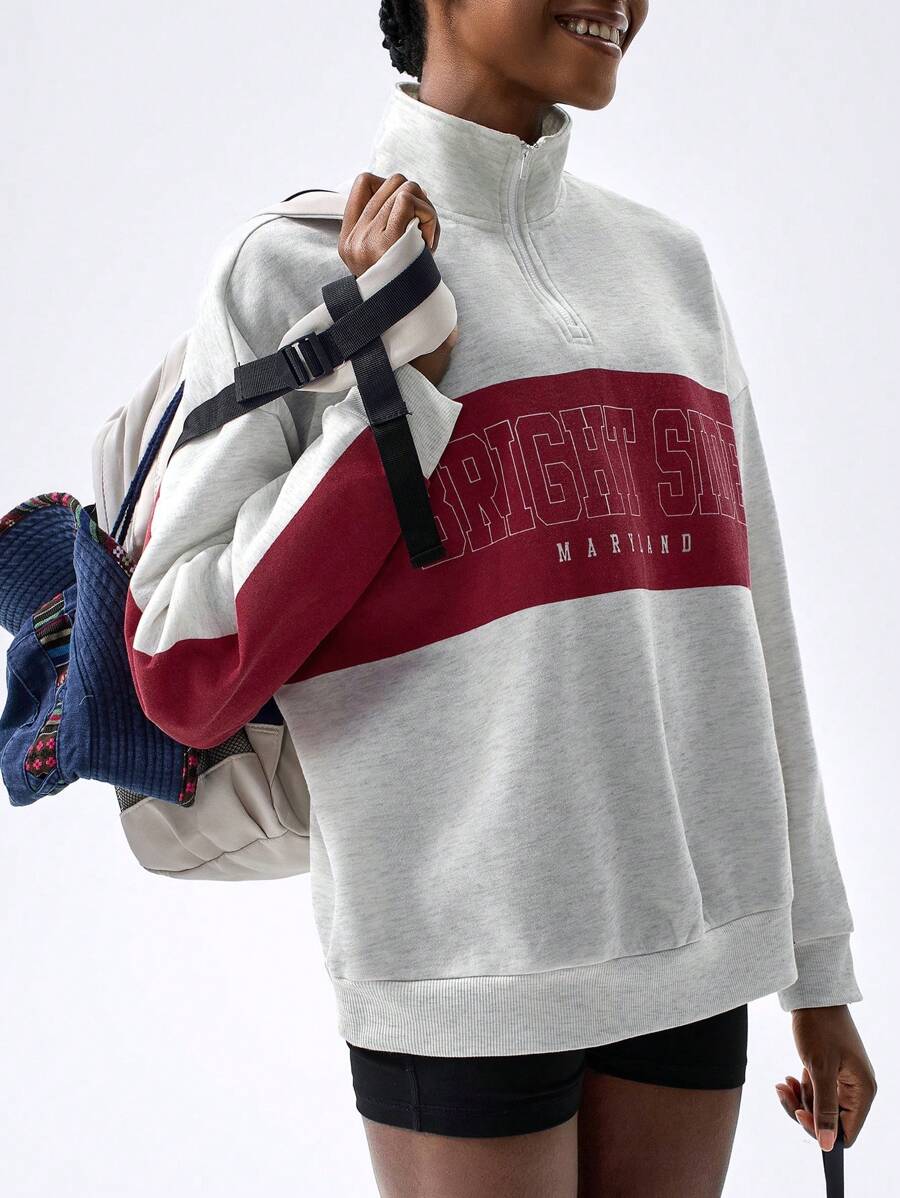 VARSITIE 撞色宽松印花休闲时尚女式运动卫衣 - 白色 - 查看 1