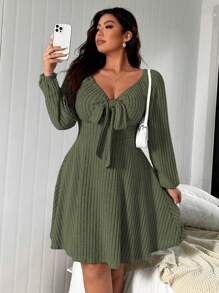 Flirla Rib Knit Print Tie Front Long Sleeve Dress, Plus Size - Army Green - View 4