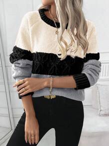 SHEIN LUNE Women Casual Crew Neck Raglan Sleeve Long Sleeve Contrast Color Sweater, Autumn/Winter Knit Pullover Fall - Multicolor - View 7