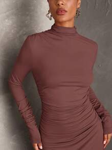 SHEIN BAE Women Solid Color Stand Collar Long Sleeve Pleated Dress, Fall Wedding Guest Dress, Dress Elegant, Winter Women Dress, Fall Women Dresses, Concert Women Outfit
