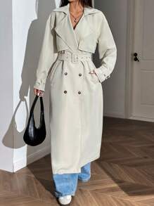 Muchica Women's Solid Color Lapel Dropped Shoulder Long Sleeve Double-Breasted Long Trench Coat, Autumn - Apricot - View 3