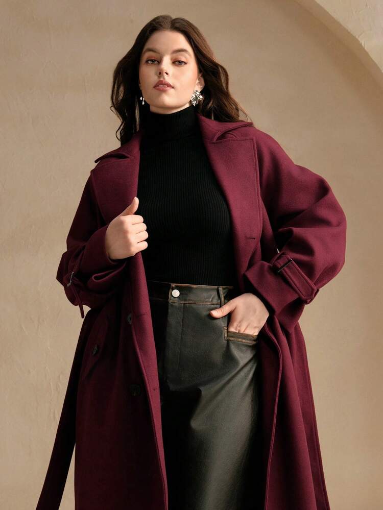 Anewsta Plus Size Women's Elegant Loose Lapel Double-Breasted Long Burgundy Overcoat, Suitable For Fall, Autumn, Winter, Elegant, Chic, New Year, Casual, Christmas, Luxury