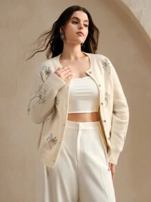 Anewsta Heavily Hand-Embroidered Diamond Decor Plus Size Open-Front Knitted Cardigan
