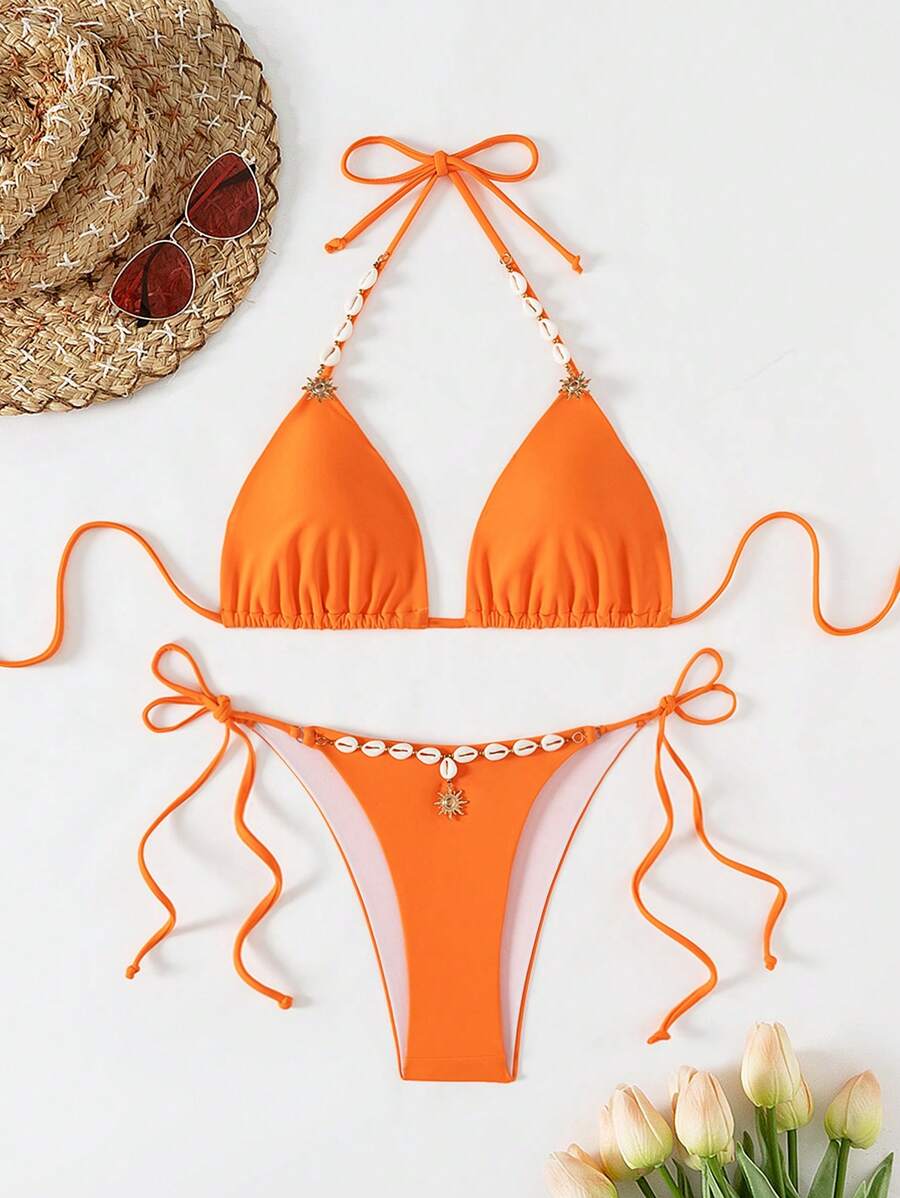 SHEIN Swim 1pc Women Seashell Decor Solid Color Halter Neck Bikini Set For Beach, Holiday, Pool, Separate Swimwear Summer