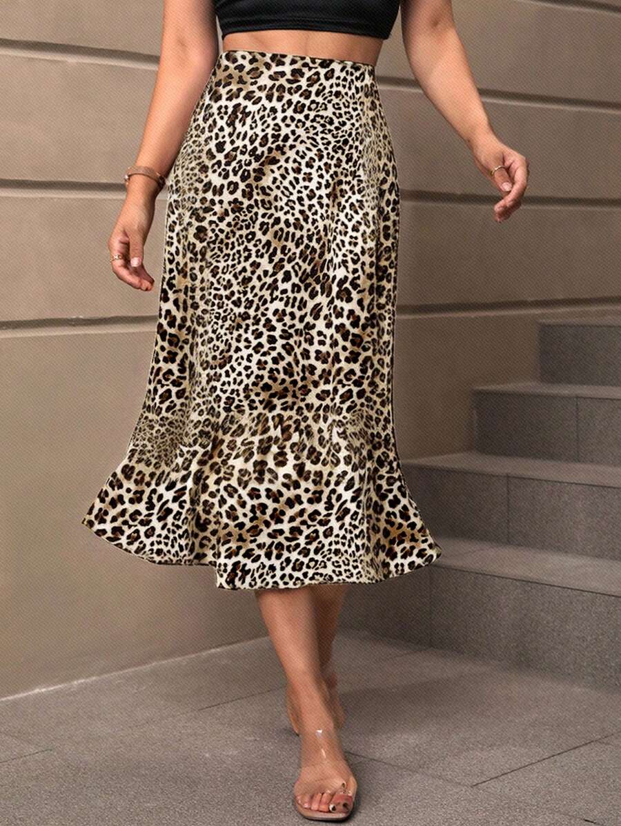 SHEIN LUNE 女士优雅豹纹鱼尾下摆半身裙 - 灰色 - 查看 1