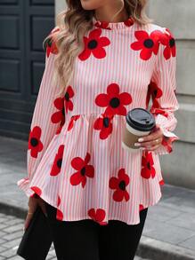 SHEIN LUNE 2024 Autumn New Floral Print Pink Cute Ladies Shirt Blouse
