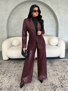 SHEIN SXY 勃艮第皮夹克和裤子套装，女式复古勃艮第腰部收紧 PU 皮革西装外套，适合办公室、感恩节、圣诞节、秋冬、新年前夜 - 酒紅色 - 查看 1