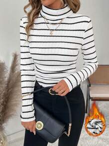 SHEIN Clasi 女士高领罗纹天鹅绒休闲保暖 T 恤 - 黑與白 - 查看 4