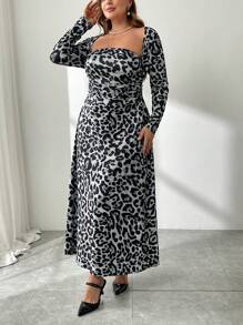 SHEIN Privé Plus Size Women Leopard Print Long Dress - Grey - View 3