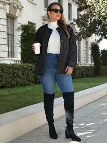 SHEIN Privé 大码女式波浪纹黑色宽松夹克，休闲保暖加厚衬里秋冬新品